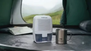 Mini dehumidifier placed next to a camping mug for scale.