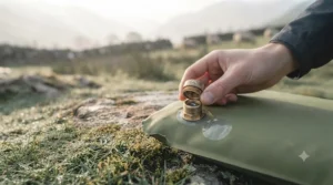 A traveller packing a lightweight self-inflating mat into its waterproof stuff sack after a night of wild camping.