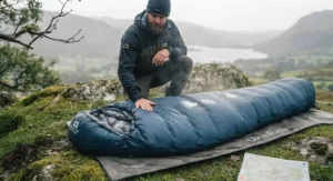 Synthetic sleeping bag retaining warmth in damp UK weather conditions.