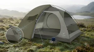 Securely pegged guy lines holding an anti-condensation tent firm against strong UK winds.