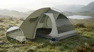 Close-up of high-level mesh ventilation panels on an anti-condensation tent reducing internal moisture.