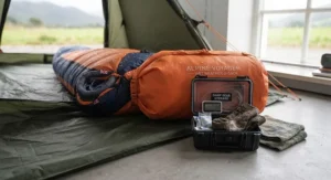 Gear stored in a tent porch vestibule to keep a wet weather camping sleeping bag dry inside.