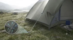 Wet walking boots and waterproof jackets stored safely in the porch area of an anti-condensation tent.