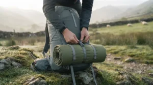 A close-up of the textured fabric and valve mechanism on a lightweight self-inflating mat designed for three-season wild camping.