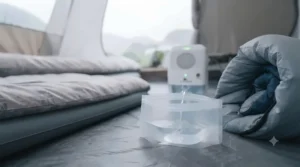A camper setting up a compact tent dehumidifier in a tent to prepare for humid UK weather.