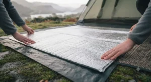 A close-up view of a hand using scissors to carefully trim a piece of reflective ground insulation to fit a specific tent groundsheet.