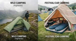 Choosing between a down bag for mountain wild camping and a synthetic bag for UK festival camping.