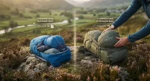 Infographic showing typical British weather and the appropriate sleeping bag season for each month.