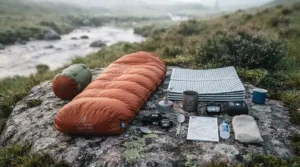 Flat lay of an ultralight backpacking kit including a compact down sleeping bag, sleeping mat, and stove.