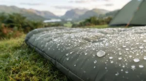 Water droplets beading on the durable outer shell fabric of a budget-friendly outdoor sleeping bag.