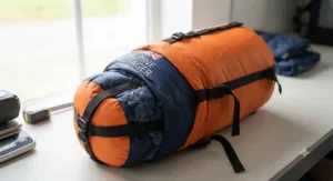 A packable sleeping bag compressed inside a waterproof dry sack for rainy weather hiking trips.