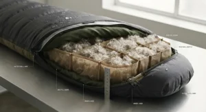 Close-up of an adjustable 3D contoured hood and insulated draft collar on a winter sleeping bag blocking out cold draughts.