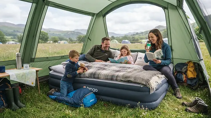 A comfortable double air bed for camping set up inside a family tent at a British campsite, ready for an outdoor holiday. air bed for camping