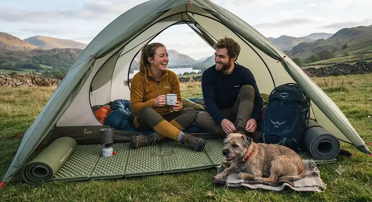 A durable foam sleeping mat rolled out inside a lightweight tent, ideal for camping and backpacking trips across the UK countryside. foam sleeping mat