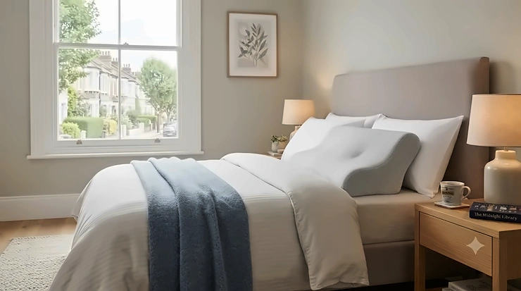 A supportive memory foam pillow neatly arranged on a modern British bedroom bed, highlighting ergonomic neck comfort. memory foam pillows