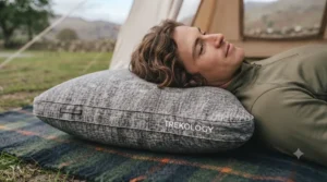 Close-up detail of the breathable, moisture-wicking fabric on a high-quality memory foam camp pillow.
