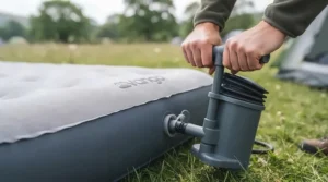 Hands operating a built-in foot pump to quickly inflate an air bed inside a camping tent.