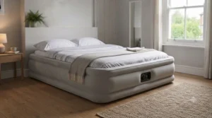 Elevated queen size air bed set up inside a large family camping tent for a comfortable outdoor glamping trip.