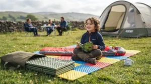 A child sitting comfortably on a colourful EVA foam camping mat during a family camping holiday in the countryside.