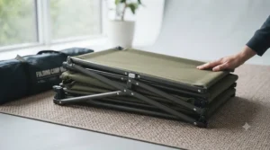 A lightweight folding camp bed packed tightly inside its matching canvas carry bag for easy transport.