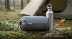 A compact, packable inflatable camping pillow compressed inside its small drawstring storage bag next to a standard water bottle for scale.