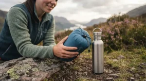 A female hiker (mid-20s, wearing a grey-green technical fleece) holds a tightly compressed, blue inflatable hiking pillow, illustrating its extremely small packed size. The pillow bundle is secured with its shock cord and placed next to a standard silver 500ml reusable stainless steel water bottle on the rocky ground of a wild campsite.