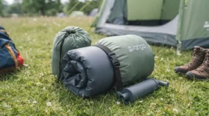 A rolled-up camping air bed packed inside its compact storage bag next to a rucksack for easy transport.