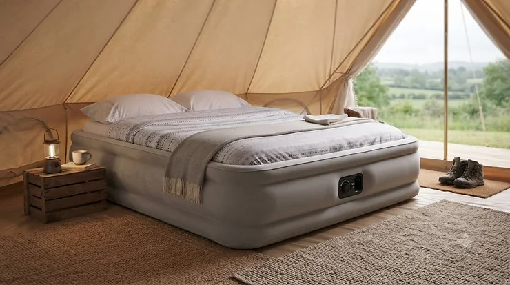 Neatly packaged box containing a lightweight queen size air bed kit with repair patches and manual. queen size air bed