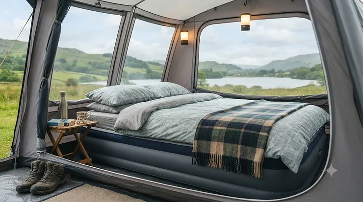 Fully inflated double air bed for camping set up inside a family tent on a campsite. double air bed for camping