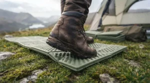 A heavy-duty boot stepping onto a high-density EVA foam camping mat to demonstrate its resistance to wear and tear.