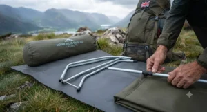 Step-by-step assembly of the aluminium camping cot frame poles.[cite: 4]