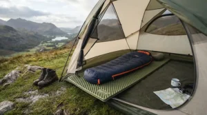 A durable roll-up EVA foam camping mat laid out inside a tent on a British campsite, ready for an outdoor trip.