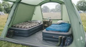 Two single camping air beds laid out side-by-side inside a large family tent during a weekend camping trip.