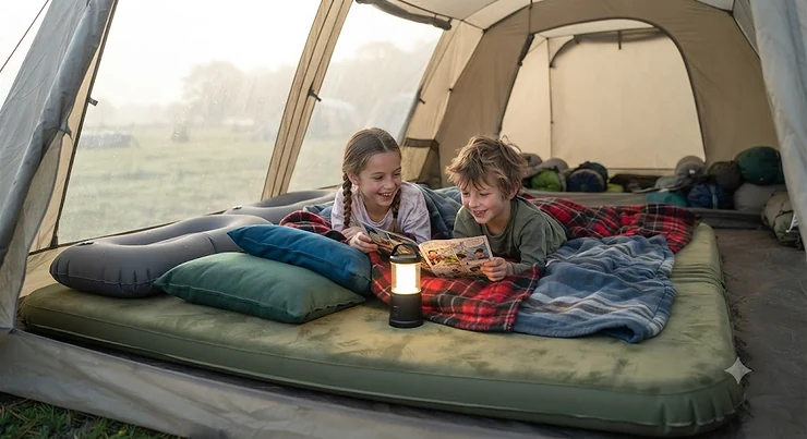 A comfortable air bed inside a spacious family tunnel tent set up with colourful inflatable camping pillows and cosy fleece blankets. inflatable camping pillow