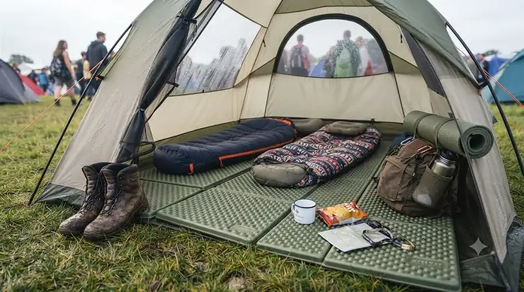 A festival campsite tent interior featuring a supportive EVA foam camping mat laid out beneath a sleeping bag. EVA foam camping mat
