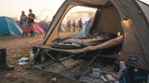 A portable folding camp bed positioned inside a festival tent during a weekend event.