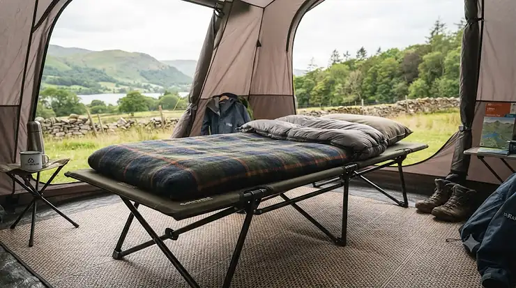 A sturdy folding camp bed set up in a modern tent, ready for a camping trip in the UK countryside. folding camp bed