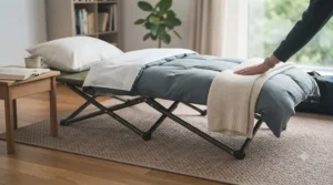 A comfortable folding camp bed set up in a living room with pillows and a duvet as an indoor guest bed.