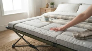 A luxury folding camp bed equipped with a built-in padded mattress for extra camping comfort.