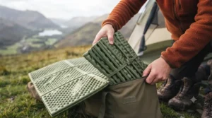 A concertina-style folding EVA foam camping mat being packed away neatly into a storage bag.
