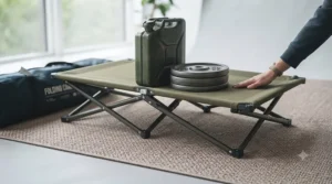 A durable heavy-duty folding camp bed featuring reinforced steel joints and breathable fabric.