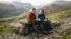 A couple hiking through a UK national park carrying their rucksacks and attached EVA foam camping mats.