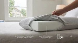 Close-up of a zipped, washable bamboo-blend cover on a hypoallergenic memory foam pillow.