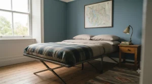A raised camp bed set up in a spare room as a comfortable temporary guest bed.