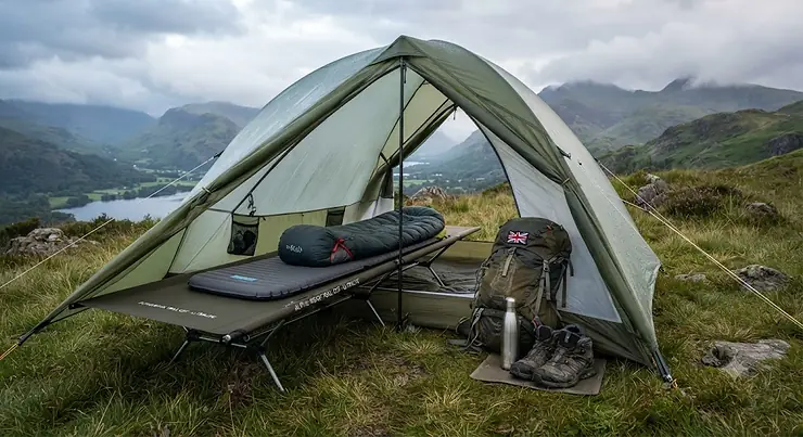 Lightweight camping cot for backpacking set up in a scenic British campsite, ideal for wild camping.[cite: 1] lightweight camping cot for backpacking