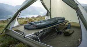 Lightweight camping cot fitted neatly inside a two-person hiking tent.[cite: 9]