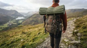 A compact, lightweight EVA foam camping mat rolled up and strapped to the outside of a rucksack for a hiking expedition.