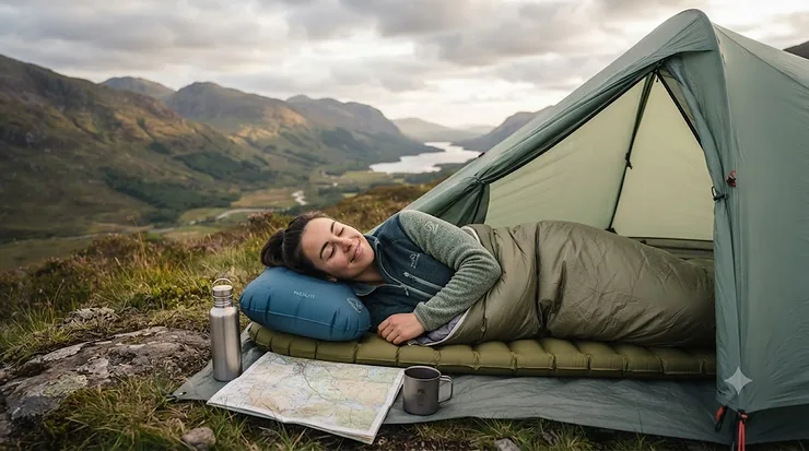 A hiker relaxing and smiling gently with her eyes closed, resting her head on a compact, blue lightweight inflatable hiking pillow. She is inside the open vestibule of a sage-green backpacking tent, overlooking a dramatic, sweeping view of the Scottish Highlands near Glencoe at golden hour. A reusable water bottle, OS map, and titanium mug are on the ground sheet. lightweight inflatable pillow for hiking