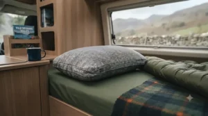 A lightweight memory foam backpacking pillow attached to the outside of a hiking rucksack on a trail.
