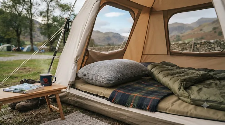 A comfortable memory foam camping pillow set up inside a tent for a weekend trip in the UK countryside. memory foam camping pillow